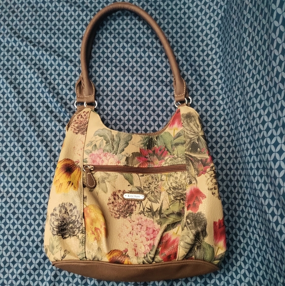 Koltov Handbags - Koltov - 3 Pocket tan purse with brown trim and neutral tone colored flowers.